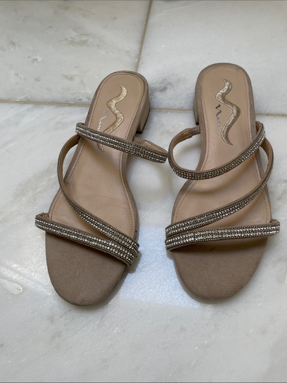 Nina Nude Rhinestone Strappy Low Heel Sandals
